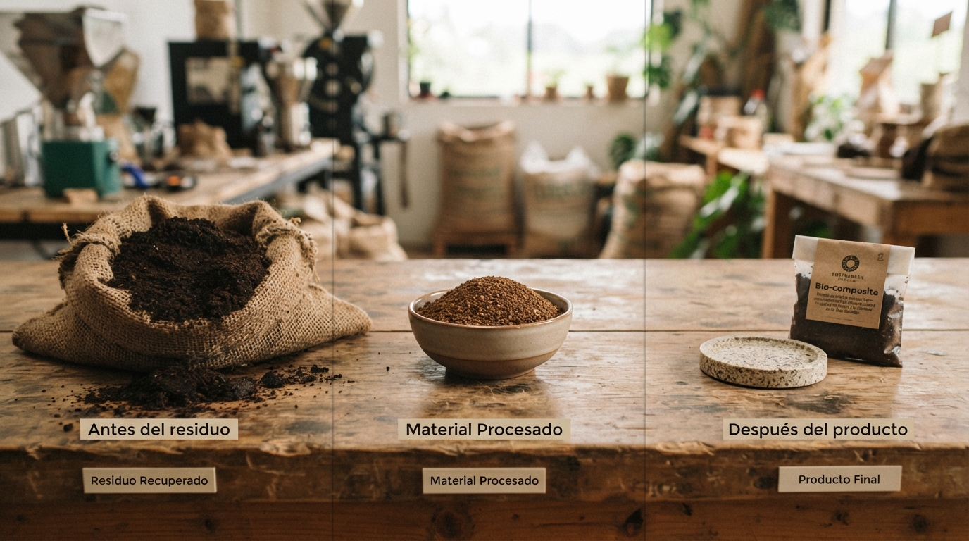 Antes y después de la borra de café convertida en producto