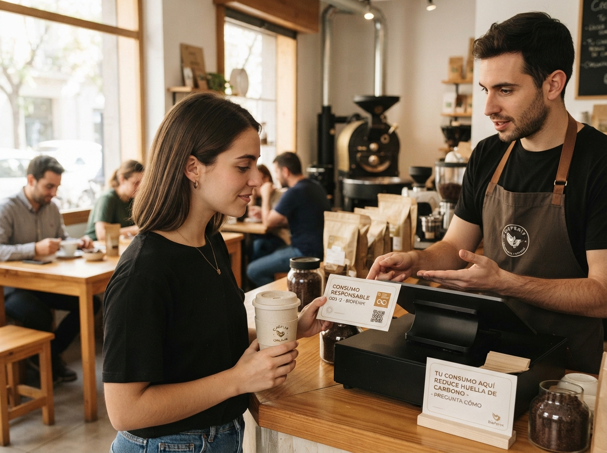 Consumo responsable comunicado en cafetería con sello y QR